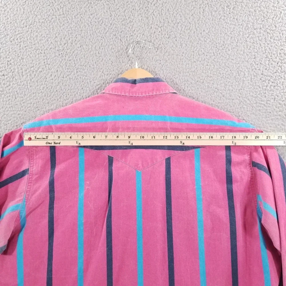VTG Wrangler Brushpopper Shirt Mens 17 XL Pink Striped Western Rodeo Cowboy Blue